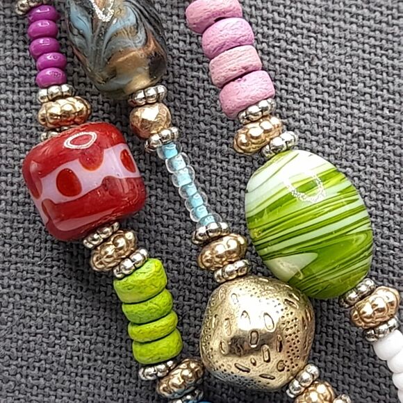 Chico's Lampwork Art Bead Necklace, Three Strands, 20" - Picture 5 of 13
